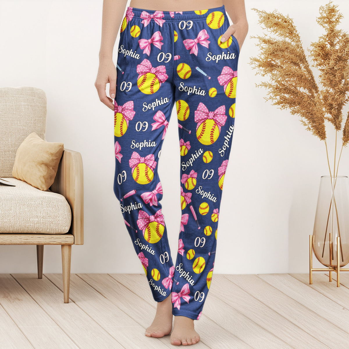 Coquette Bow Softball Custom Name, Number Gift For Softball Player, Softball Team - Personalized Lounge Pants