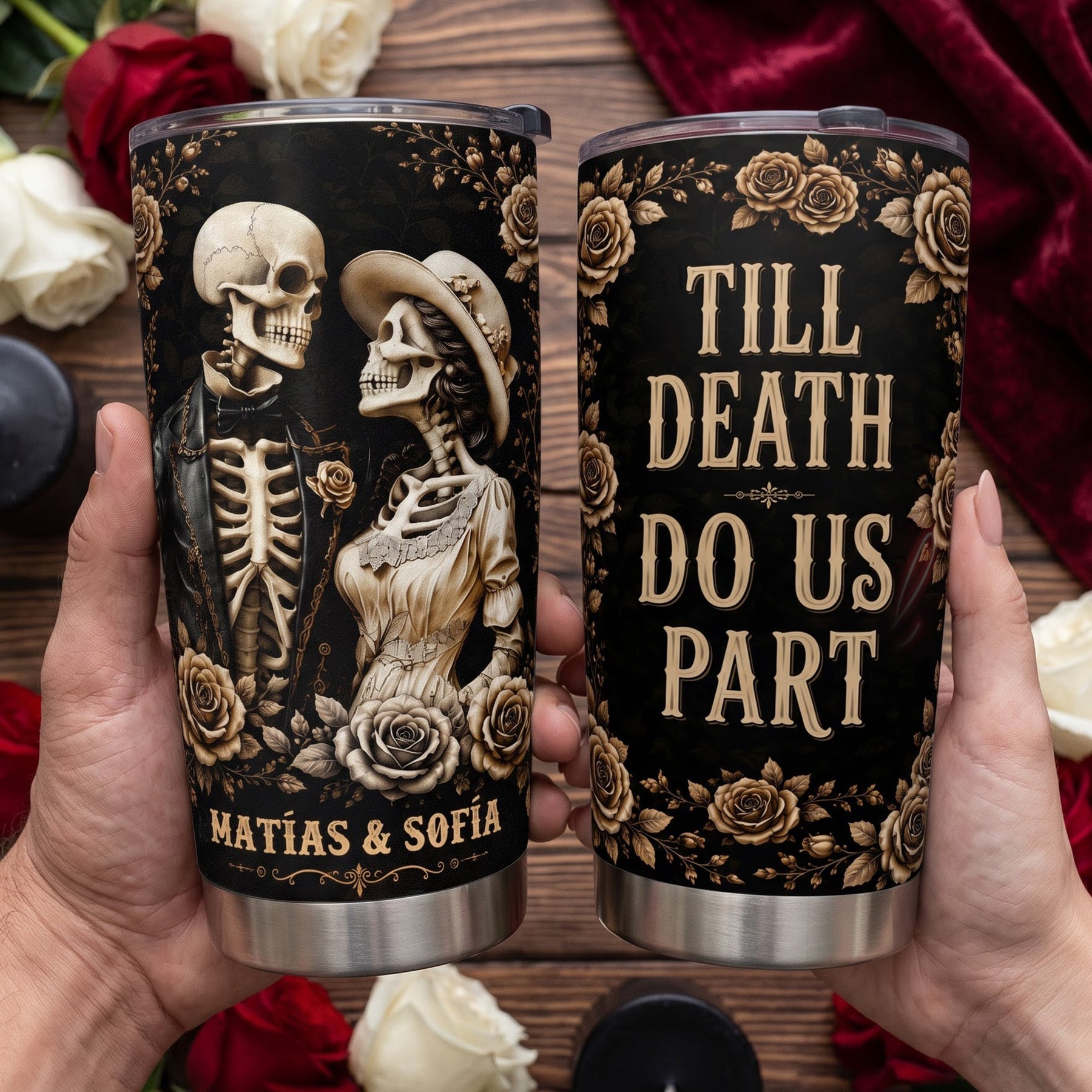Skull Couple Anniversary Gift For Him, Her - Personalized Tumbler