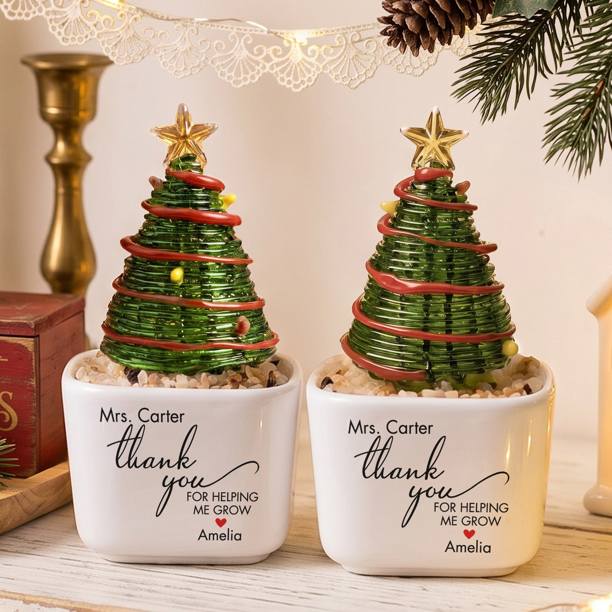 Thank You For Helping Me Grow Glass Christmas Tree - Personalized Plant Pot
