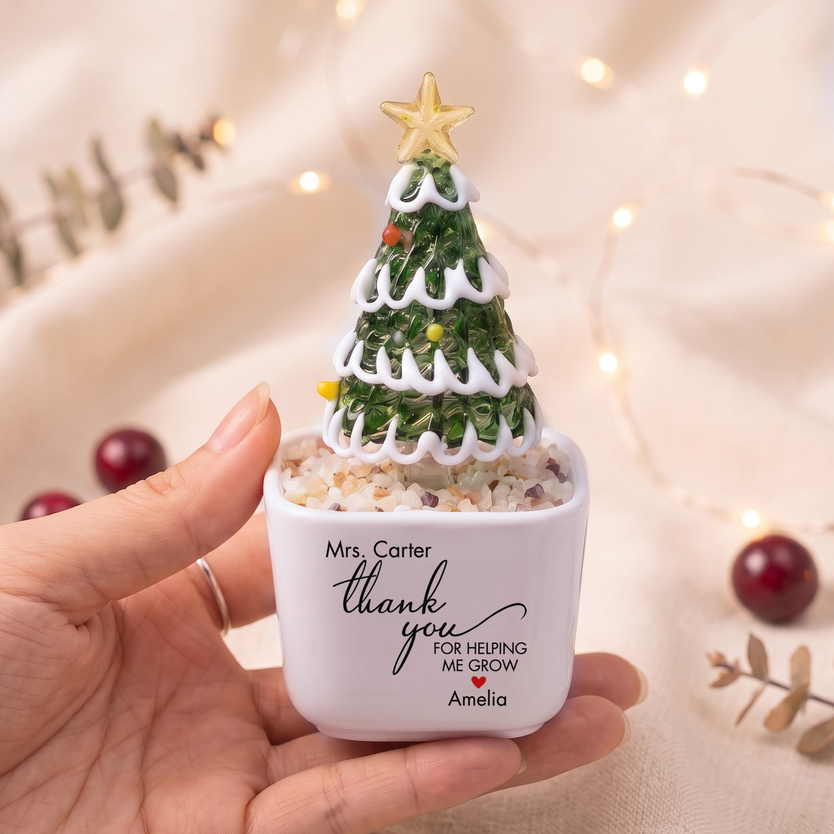 Thank You For Helping Me Grow Glass Christmas Tree - Personalized Plant Pot