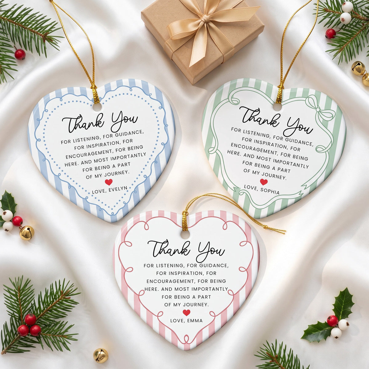 Thank You Gifts Heart Shaped Christmas Ornament Striped Patterns - Personalized Ornament