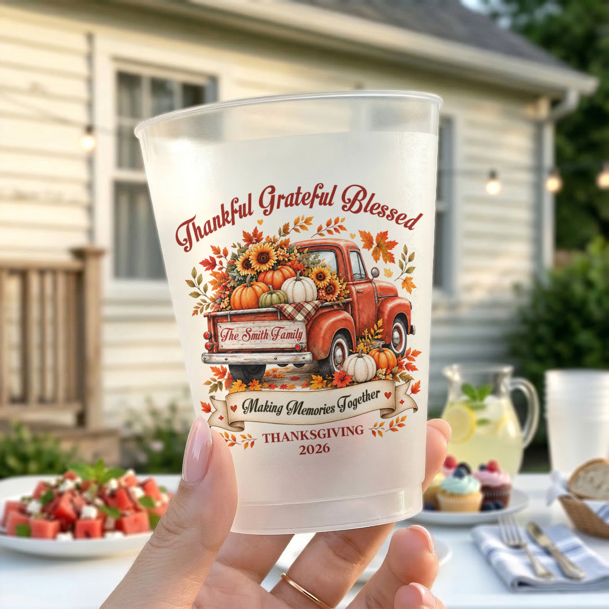 Thanksgiving Party Cups Family, Friendsgiving - Thankful Grateful Blessed - Personalized Cups