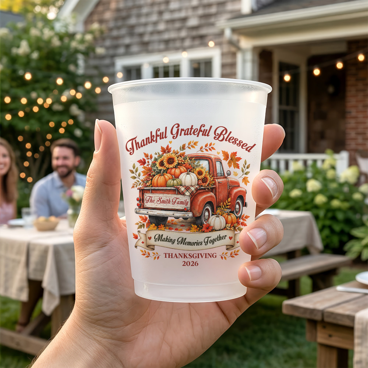 Thanksgiving Party Cups Family, Friendsgiving - Thankful Grateful Blessed - Personalized Cups
