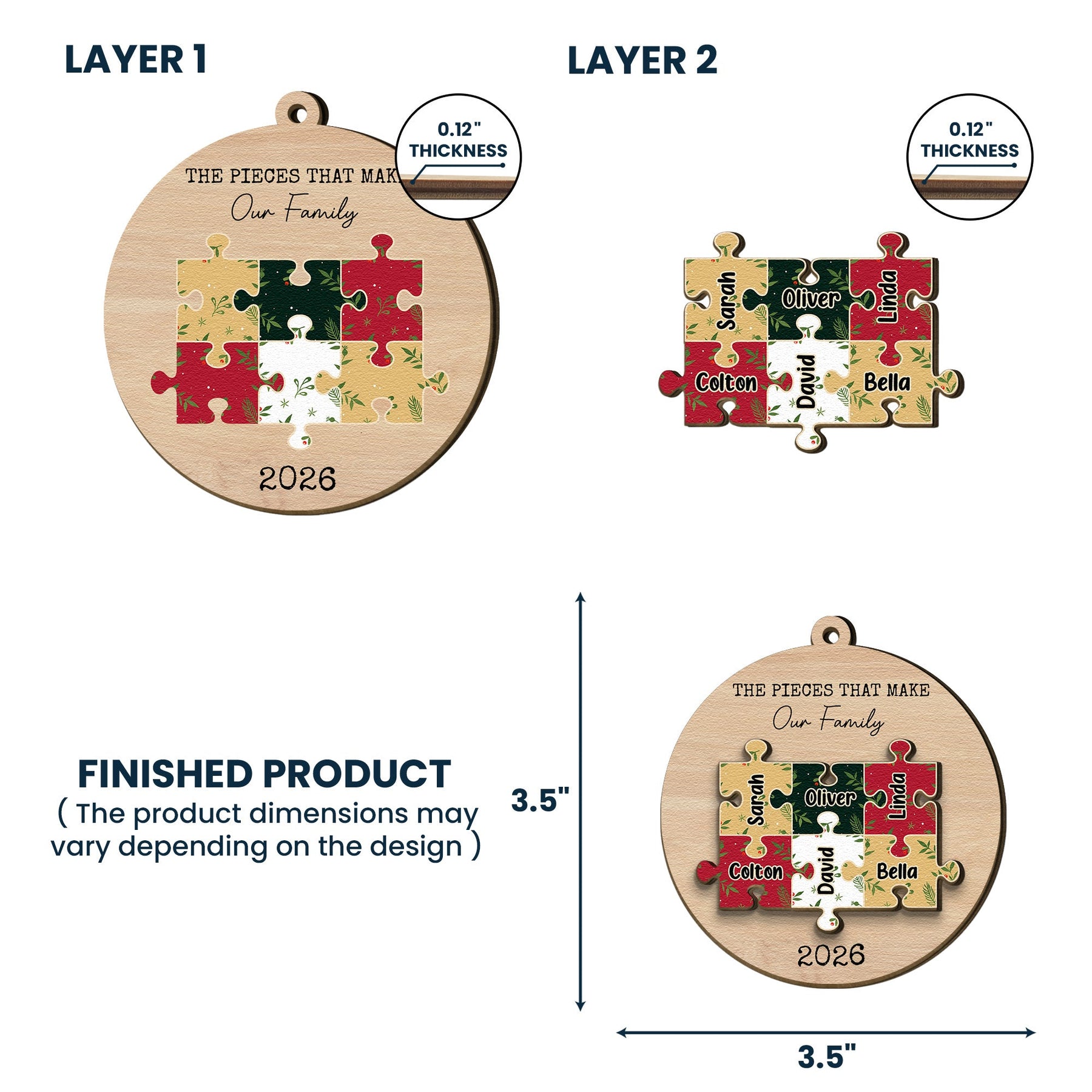 The Pieces That Make Our Family Christmas 2 Layers Ornament - Personalized Wooden Ornament