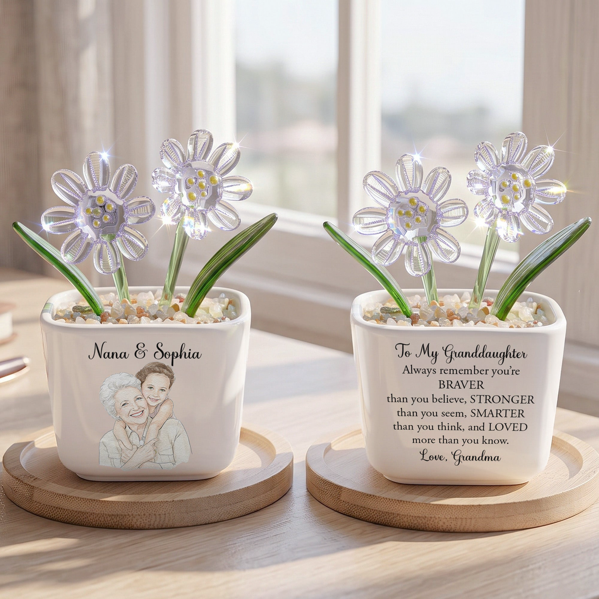 To My Granddaughter, Daughter - Custom Glass Birth Flower - Personalized Plant Pot