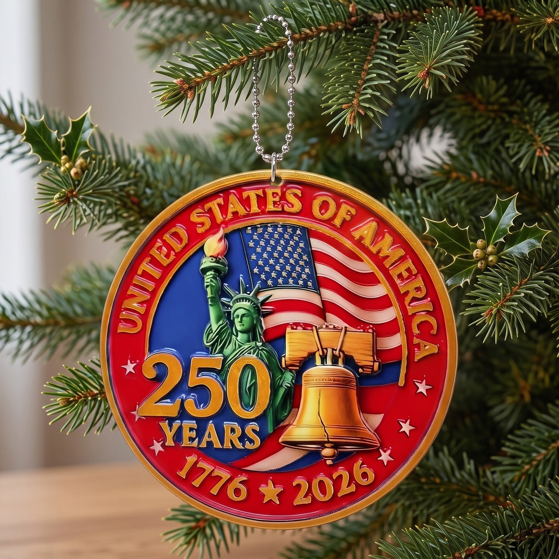 USA 250th Anniversary Resin Ornament, 1776-2026 Liberty Bell Decoration, Patriotic Ornament
