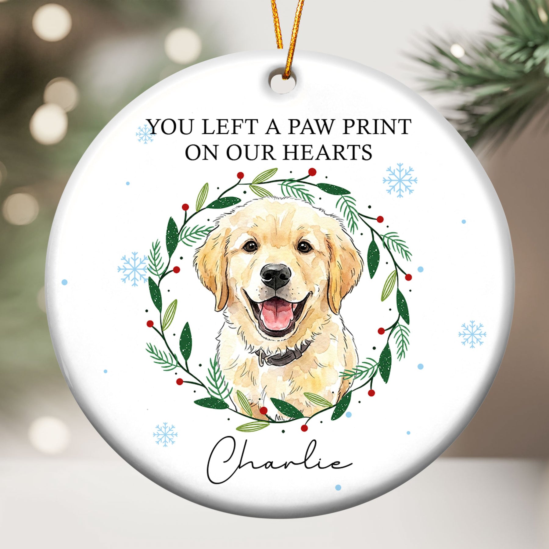 You Left Paw Prints On Our Hears Custom Pet Portrait Watercolor Memorial Christmas - Personalized Ornament