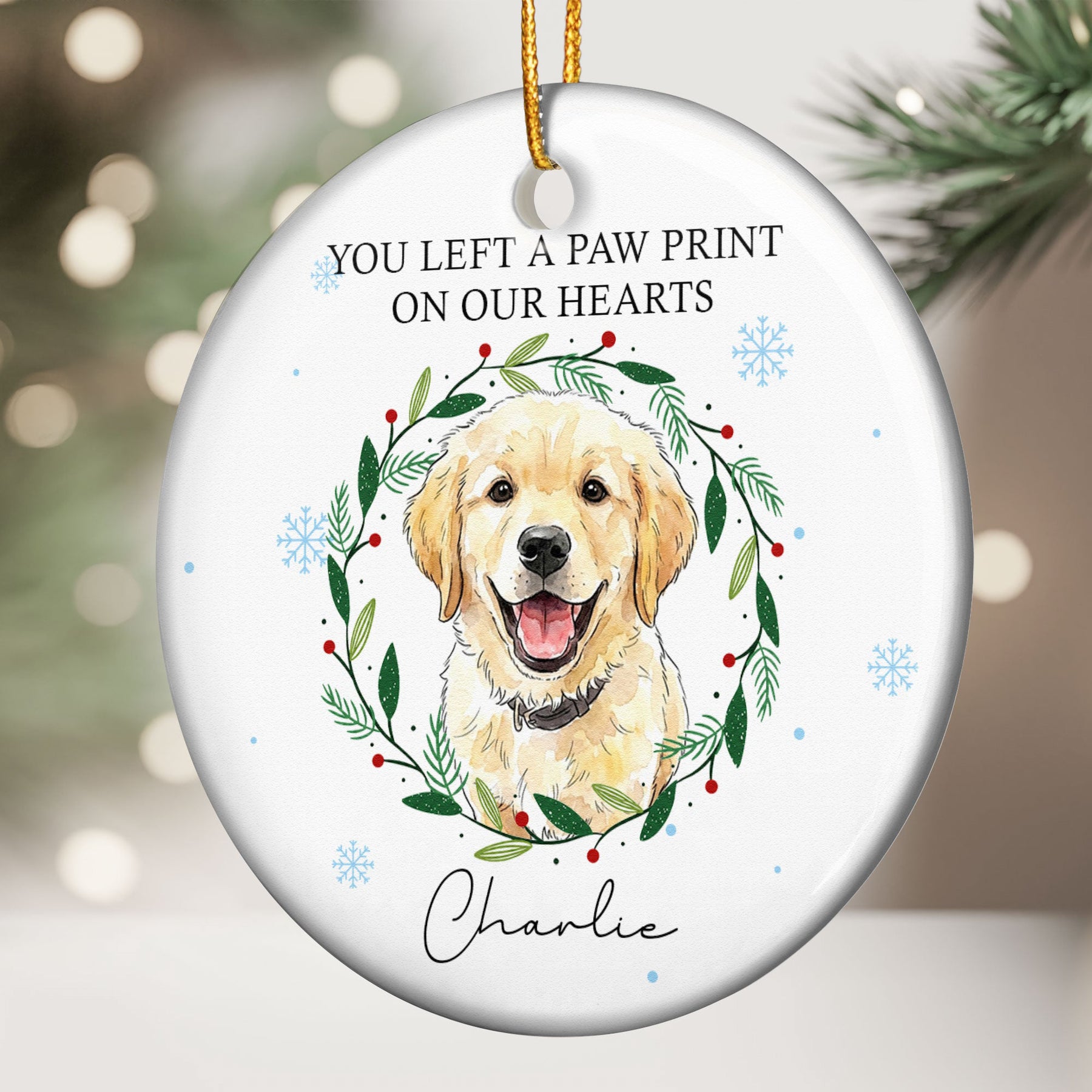 You Left Paw Prints On Our Hears Custom Pet Portrait Watercolor Memorial Christmas - Personalized Ornament