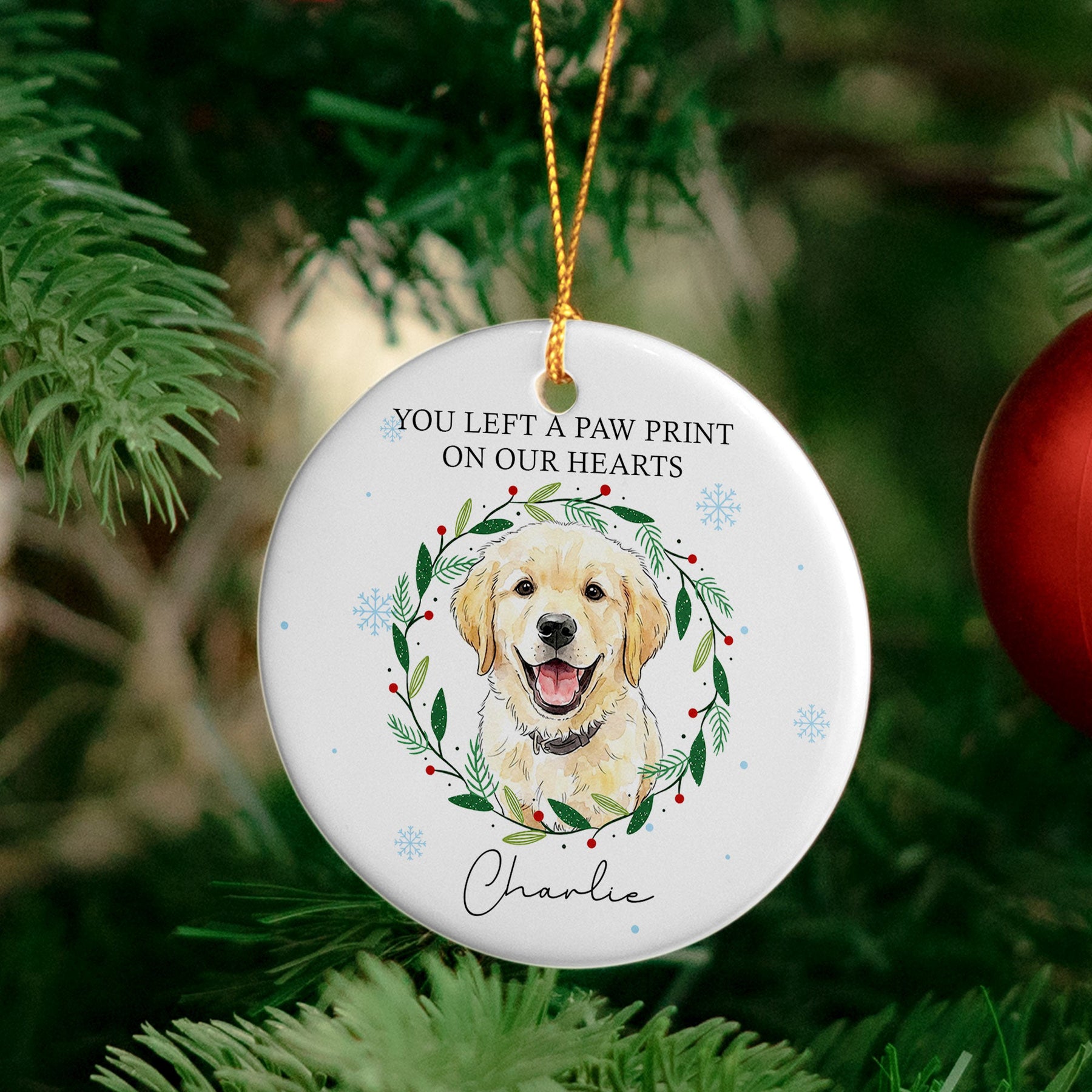 You Left Paw Prints On Our Hears Custom Pet Portrait Watercolor Memorial Christmas - Personalized Ornament