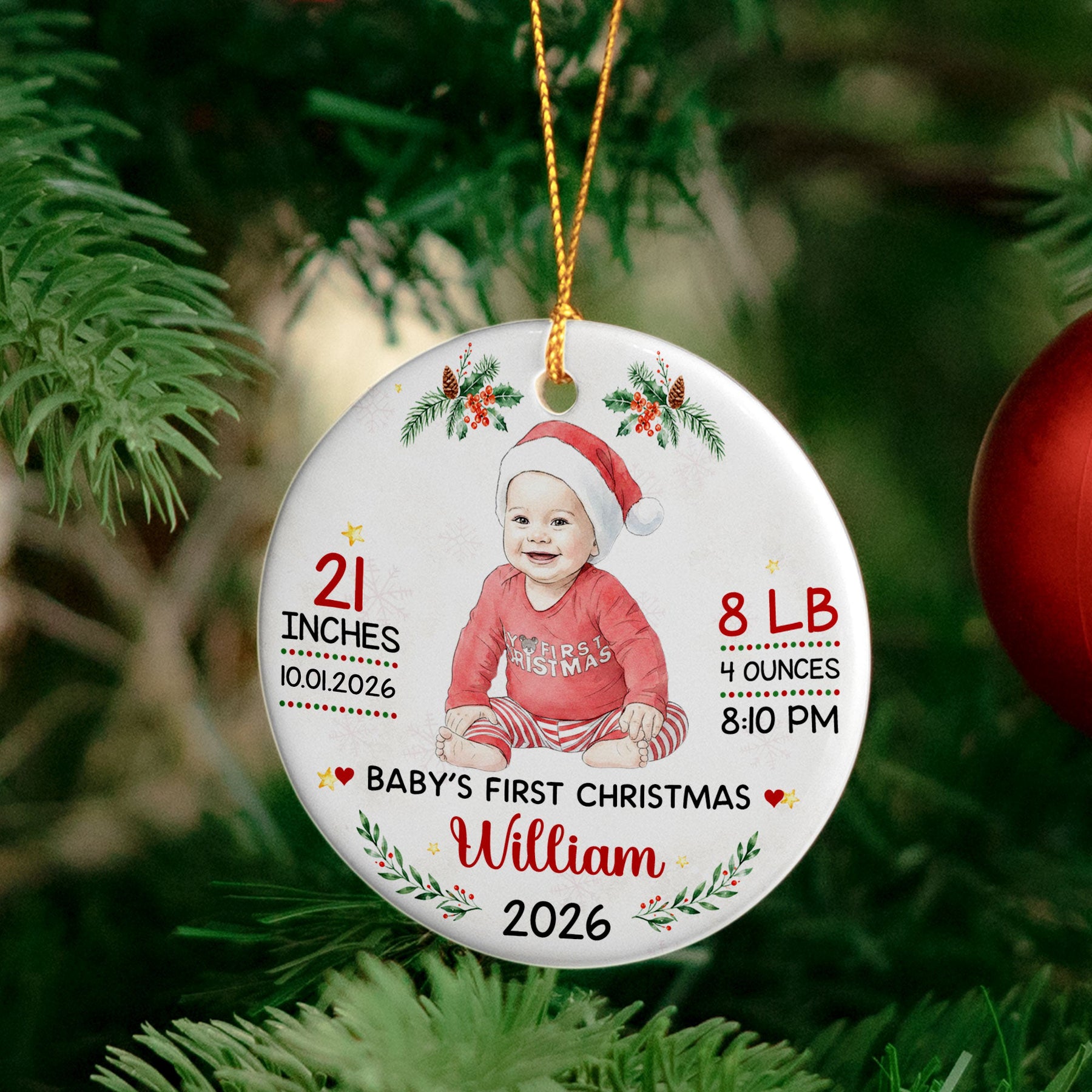 Baby First Christmas Keepsake Custom Photo Watercolor - Personalized Ornament
