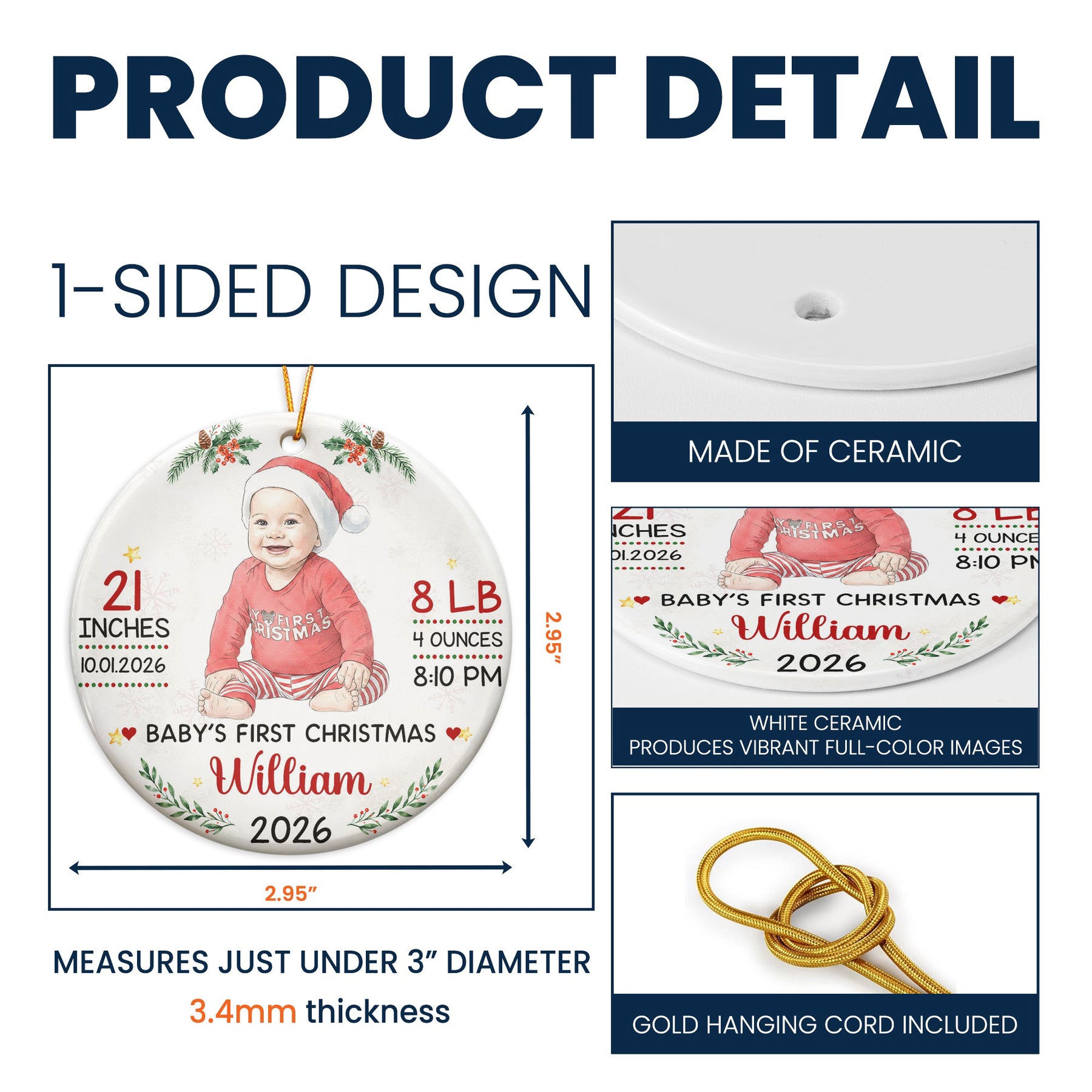 Baby First Christmas Keepsake Custom Photo Watercolor - Personalized Ornament