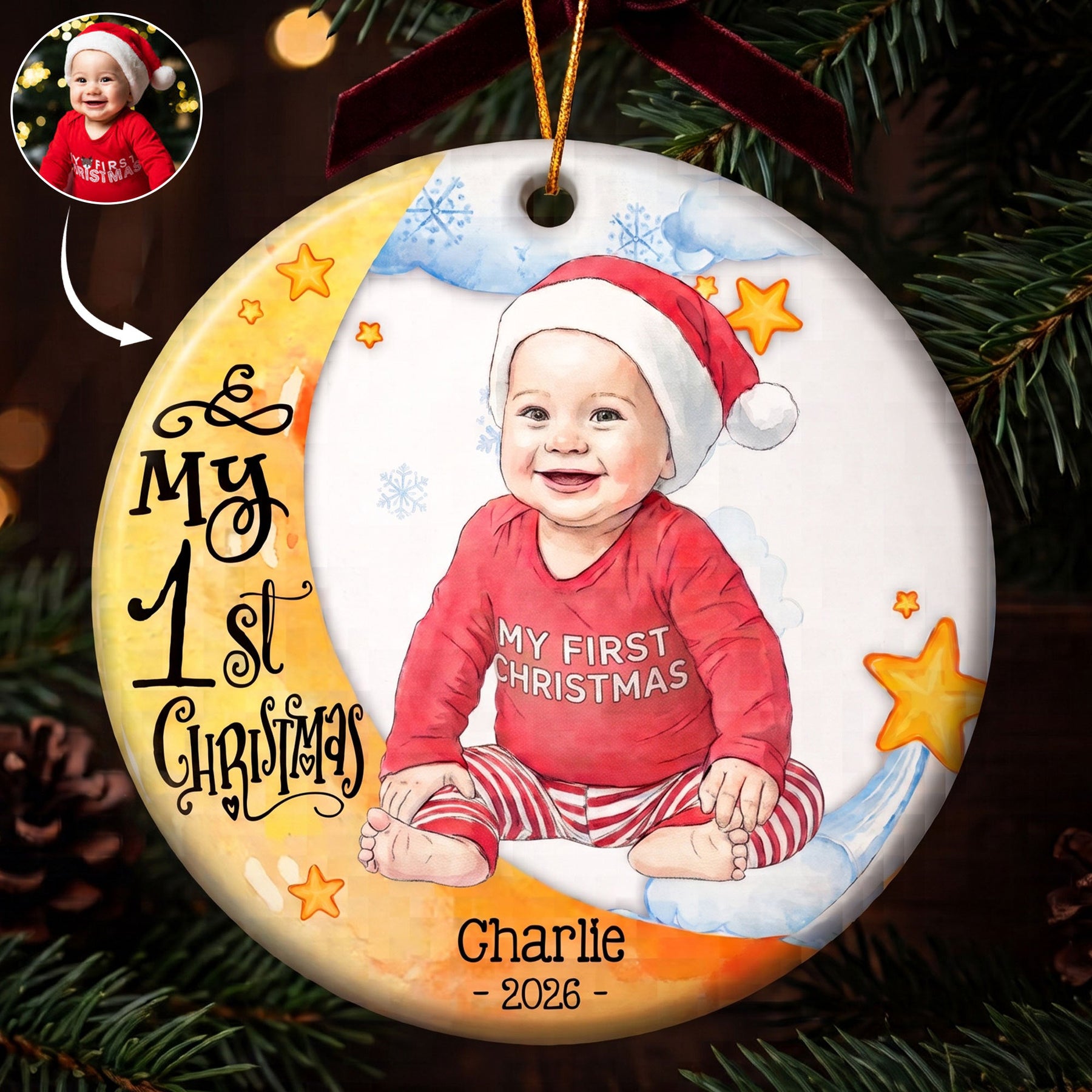 Baby First Christmas Moon Lover Keepsake Custom Photo Watercolor - Personalized Ornament