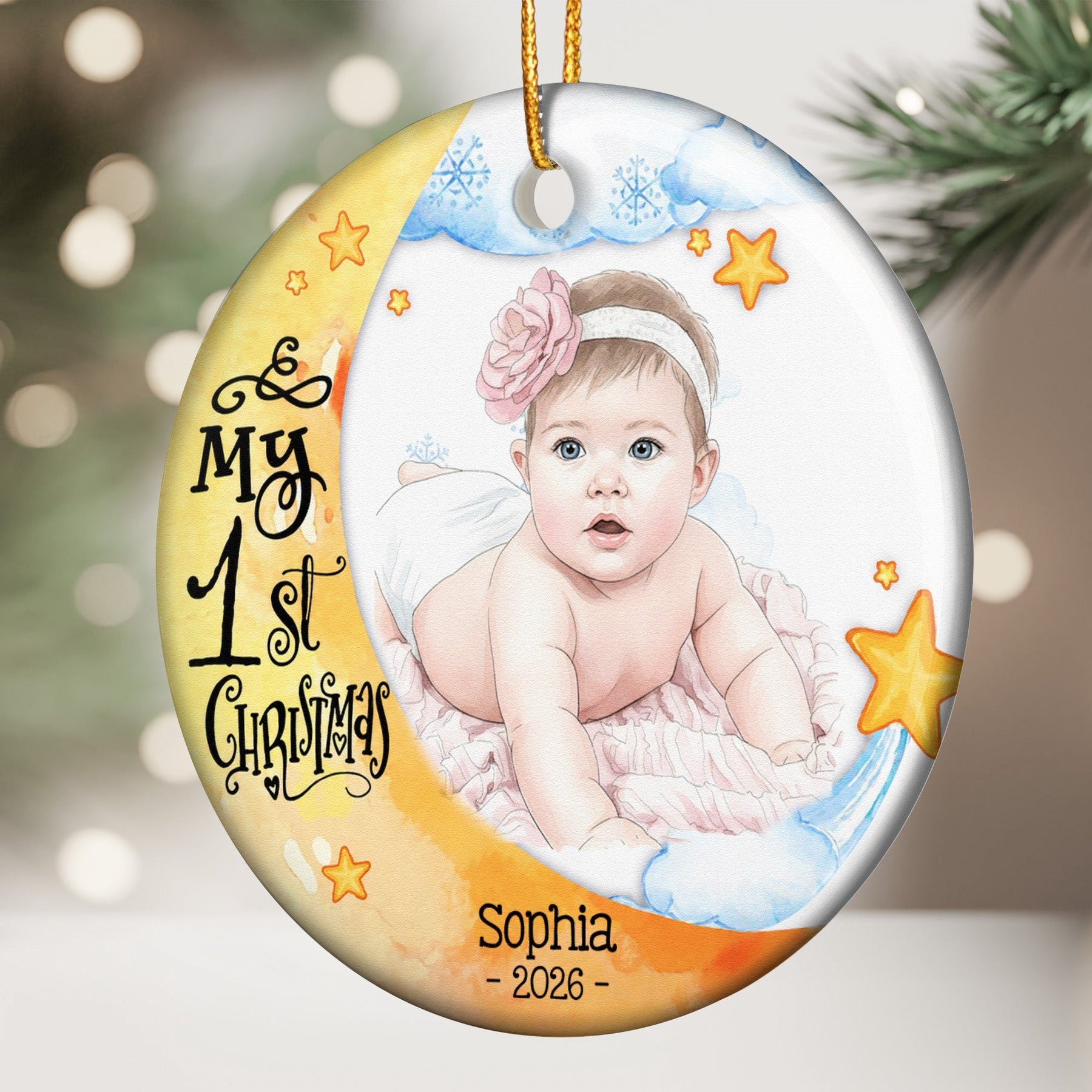 Baby First Christmas Moon Lover Keepsake Custom Photo Watercolor - Personalized Ornament