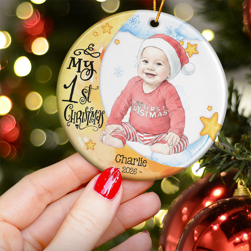 Baby First Christmas Moon Lover Keepsake Custom Photo Watercolor - Personalized Ornament