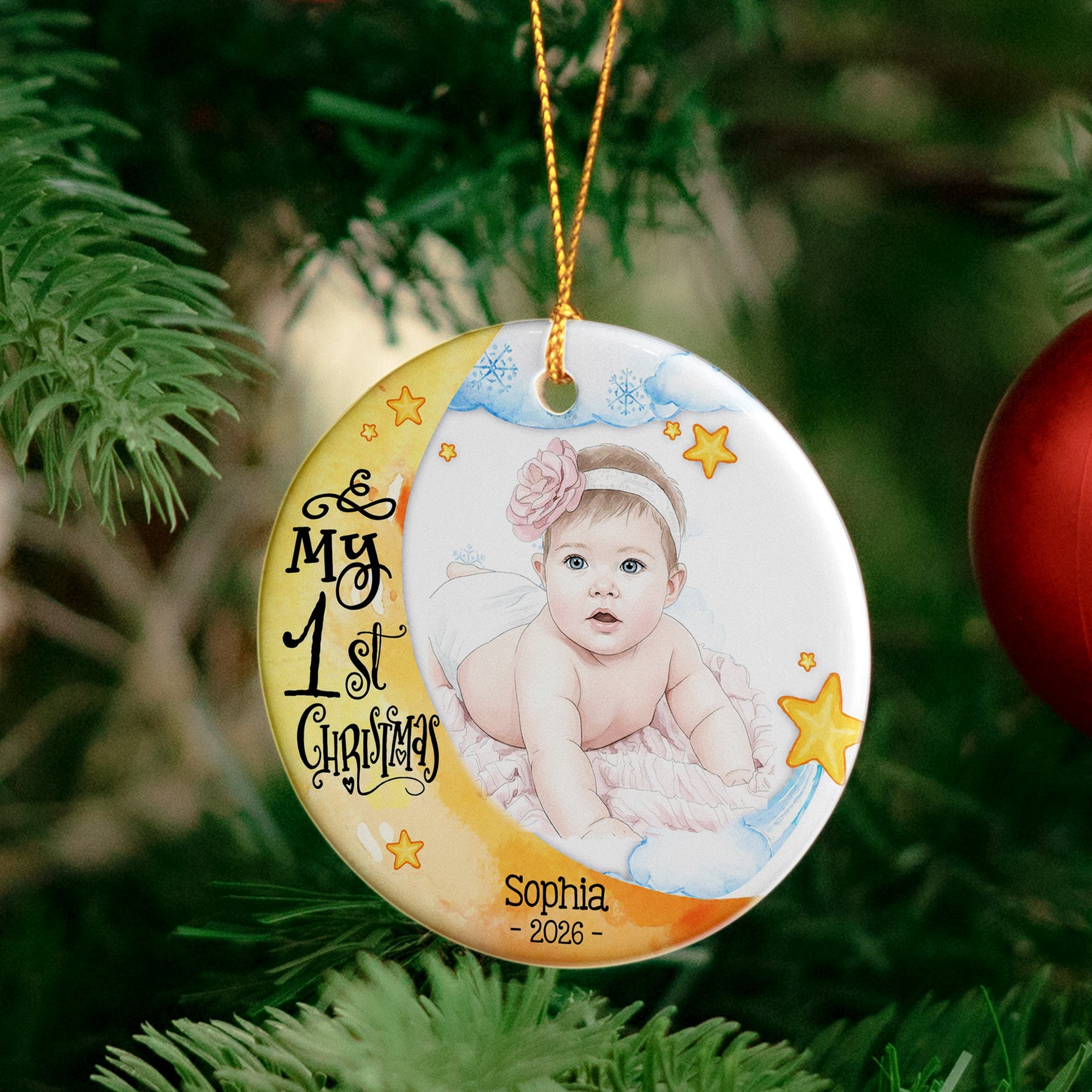 Baby First Christmas Moon Lover Keepsake Custom Photo Watercolor - Personalized Ornament