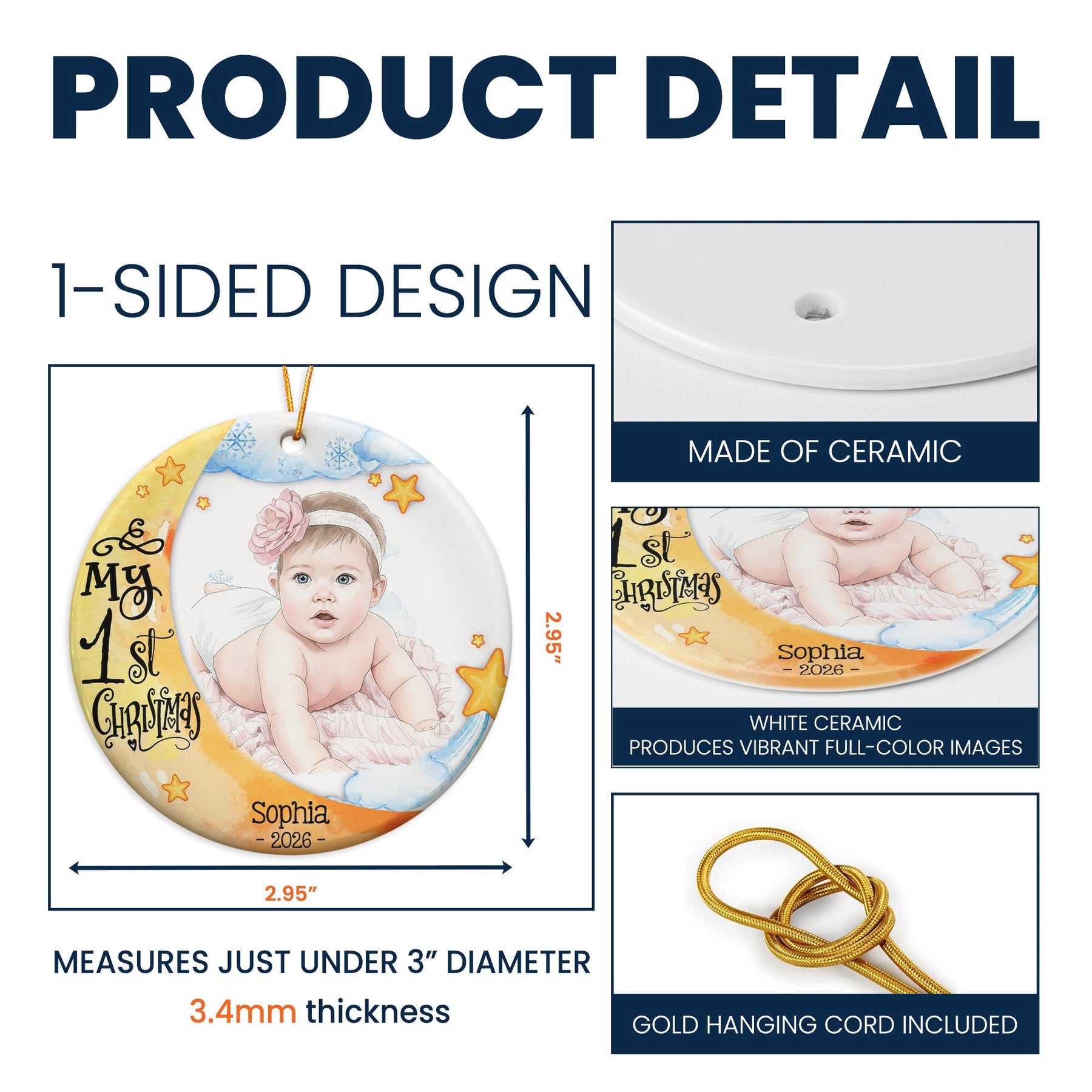 Baby First Christmas Moon Lover Keepsake Custom Photo Watercolor - Personalized Ornament