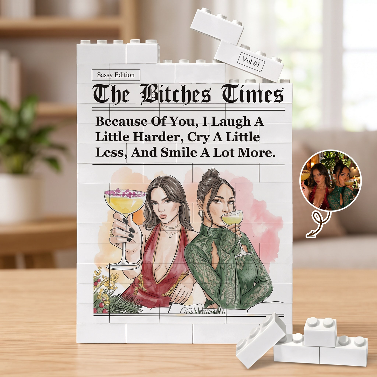 Bestie Gift Custom Friends Photo Watercolor Art - Personalized Building Blocks