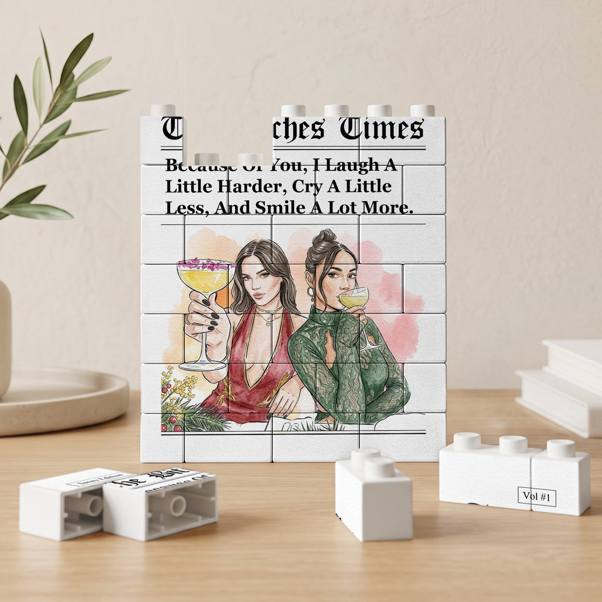 Bestie Gift Custom Friends Photo Watercolor Art - Personalized Building Blocks