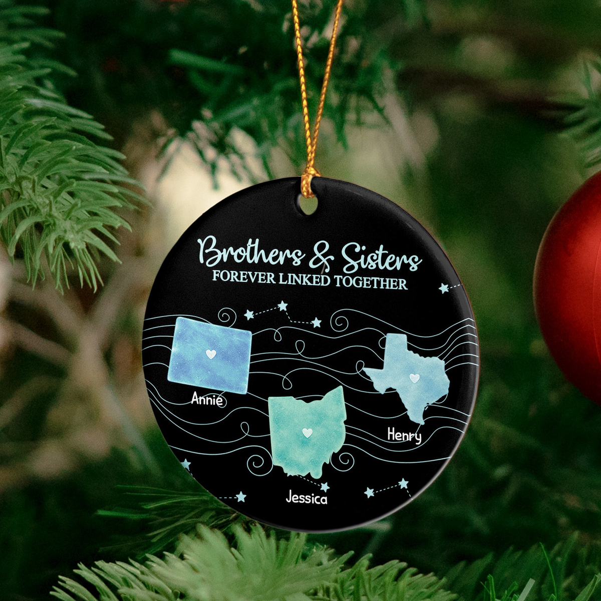 Brothers & Sisters Forever Linked Together State Map - Personalized Ornament