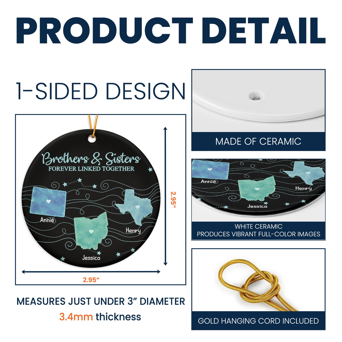 Brothers & Sisters Forever Linked Together State Map - Personalized Ornament