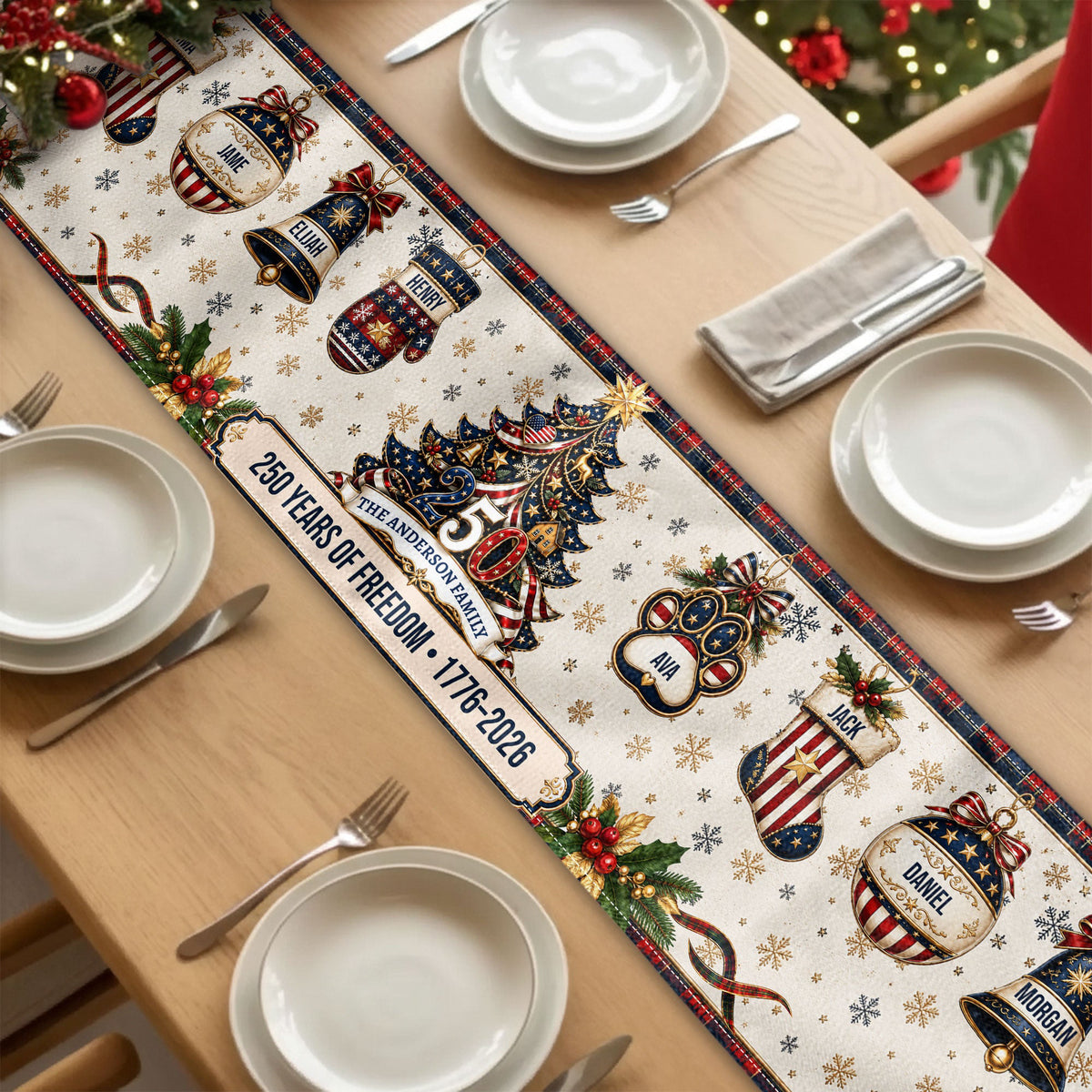 Christmas 250 Years Of Freedom - Custom Family Name - Personalized Table Runner