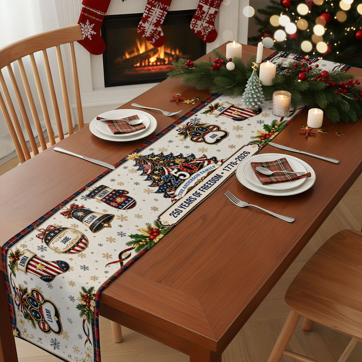 Christmas 250 Years Of Freedom - Custom Family Name - Personalized Table Runner