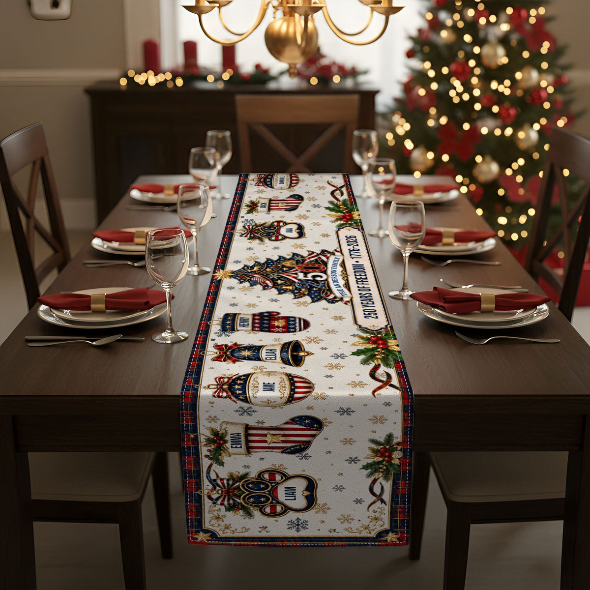 Christmas 250 Years Of Freedom - Custom Family Name - Personalized Table Runner