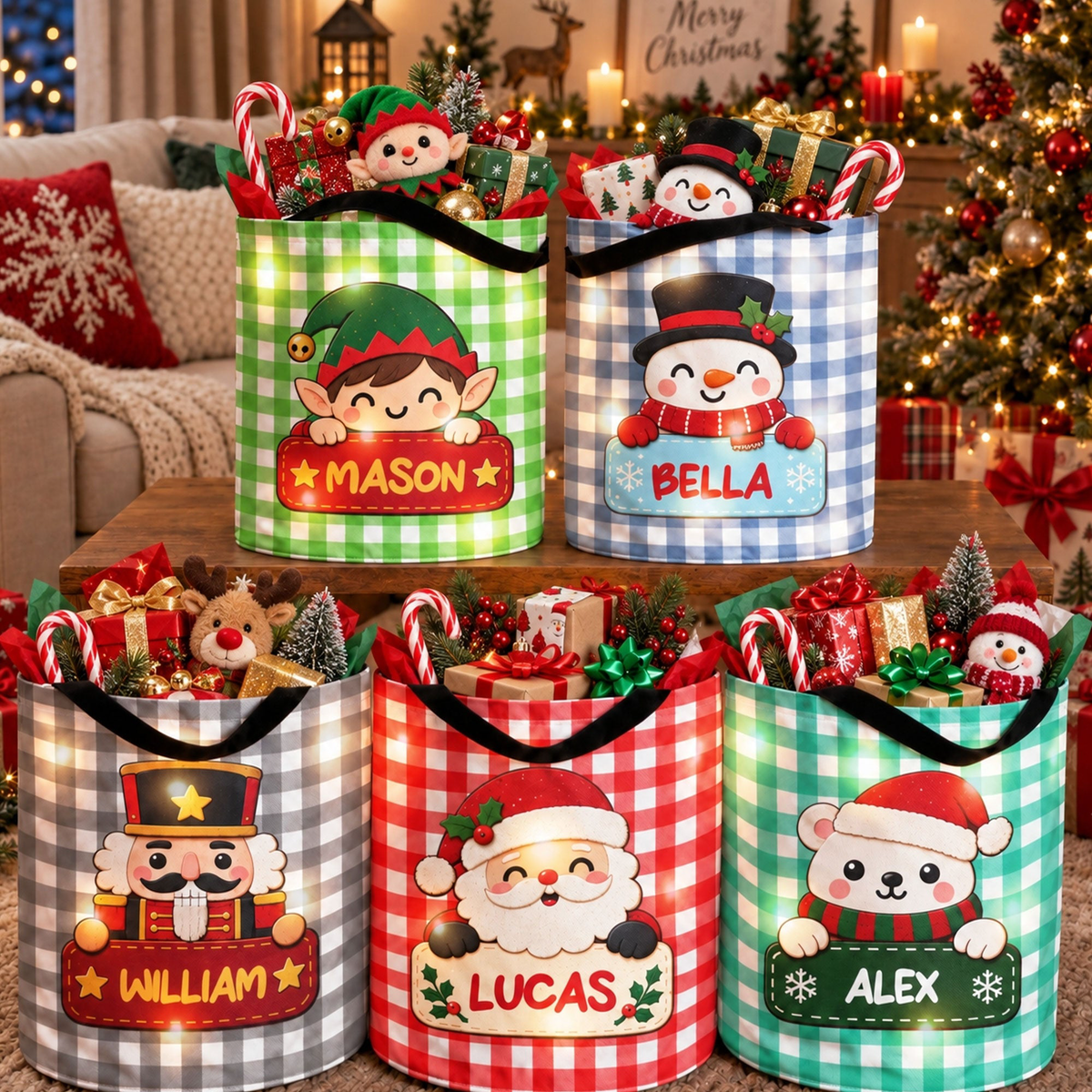 Christmas Character Gingham Pattern Christmas Decoration - Personalized Basket