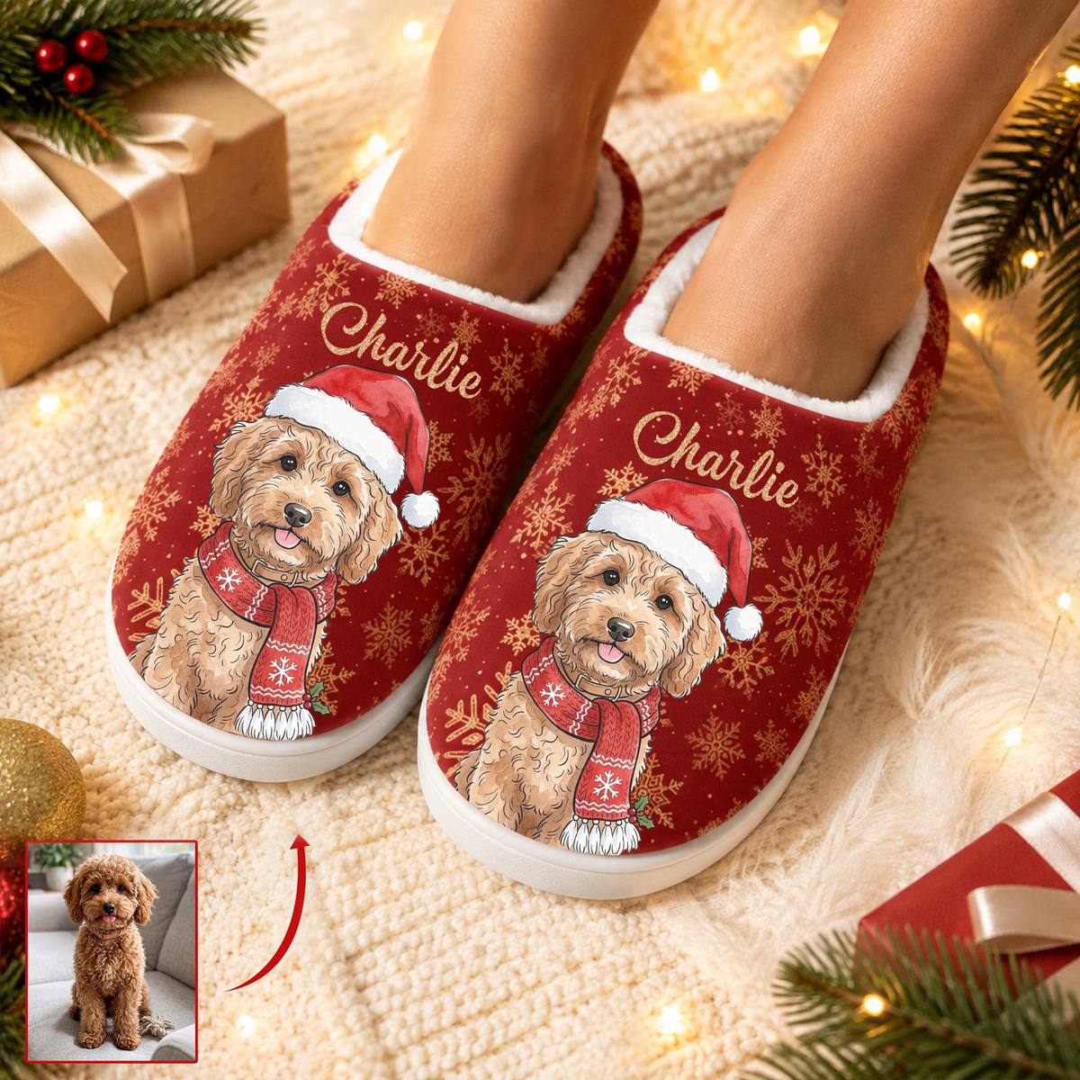 Christmas Custom Pet Portrait Watercolor Art Cozy Holiday Gift - Personalized Slippers