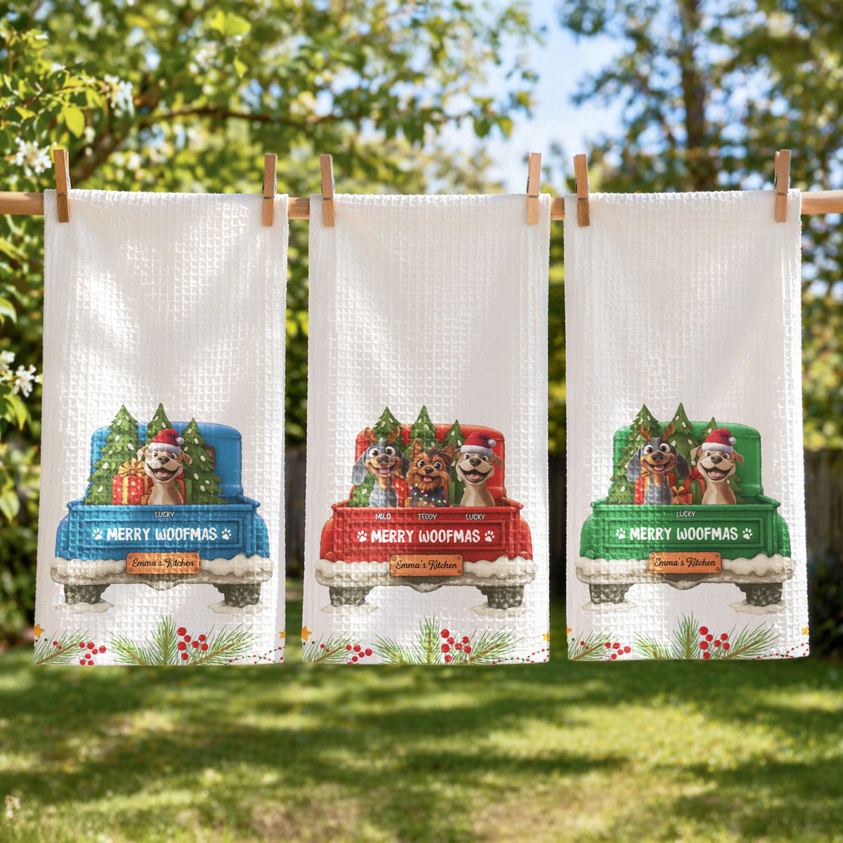 Christmas Gift For Dog Lover Rustic Red Truck, Housewarming Gift Hostess Gift, Kitchen Decor - Personalized Kitchen Towel