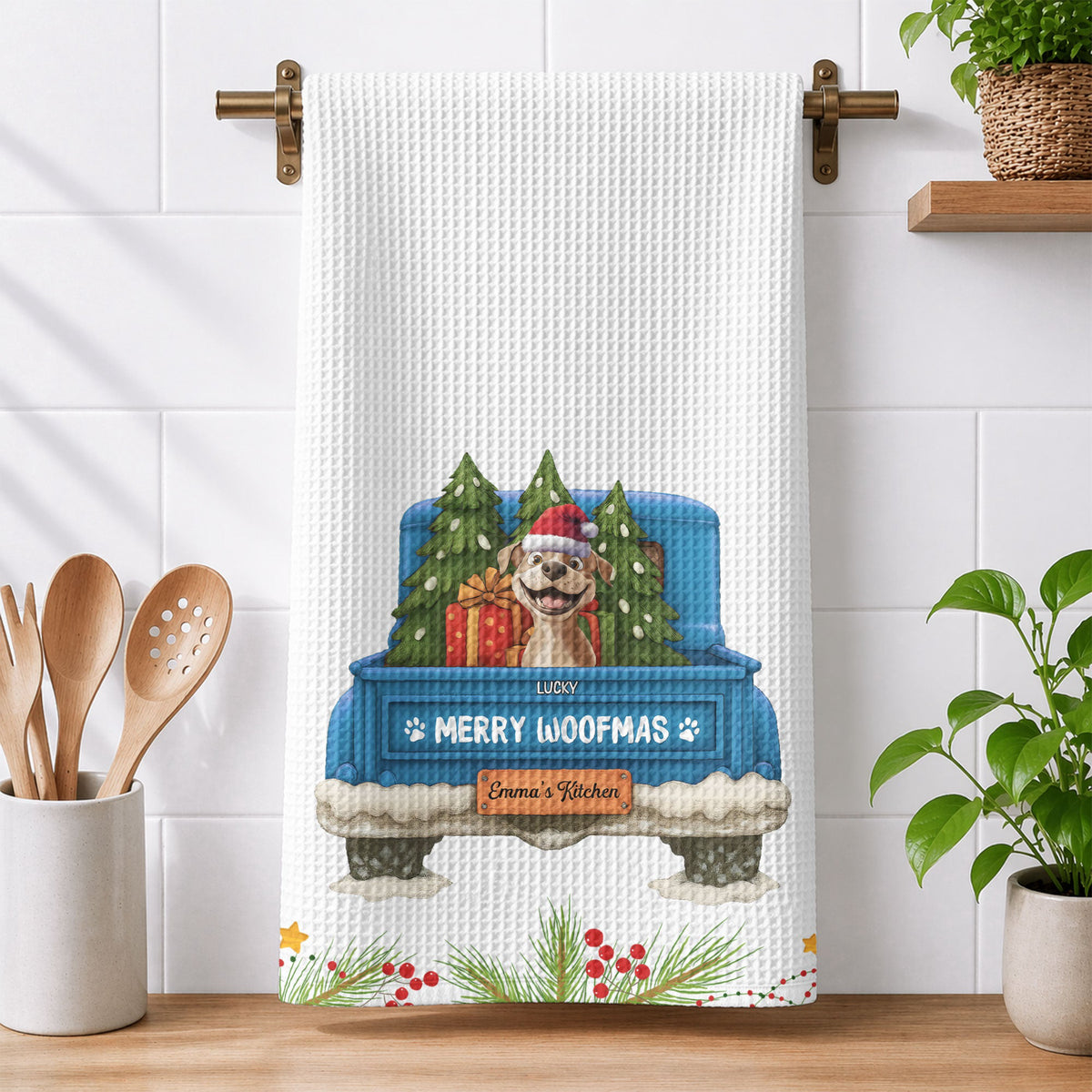 Christmas Gift For Dog Lover Rustic Red Truck, Housewarming Gift Hostess Gift, Kitchen Decor - Personalized Kitchen Towel