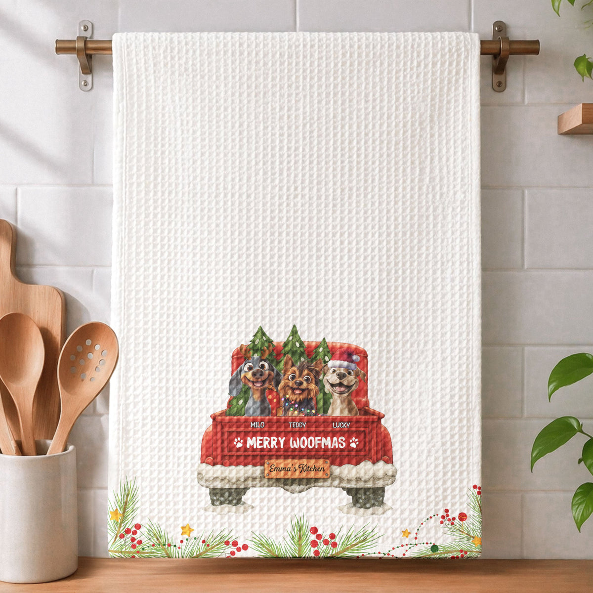 Christmas Gift For Dog Lover Rustic Red Truck, Housewarming Gift Hostess Gift, Kitchen Decor - Personalized Kitchen Towel