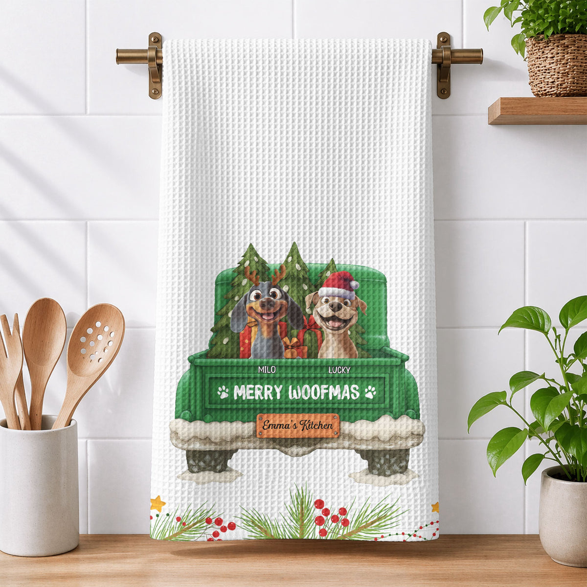 Christmas Gift For Dog Lover Rustic Red Truck, Housewarming Gift Hostess Gift, Kitchen Decor - Personalized Kitchen Towel
