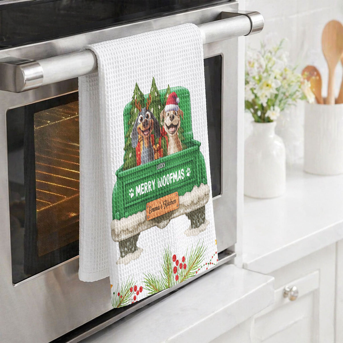 Christmas Gift For Dog Lover Rustic Red Truck, Housewarming Gift Hostess Gift, Kitchen Decor - Personalized Kitchen Towel