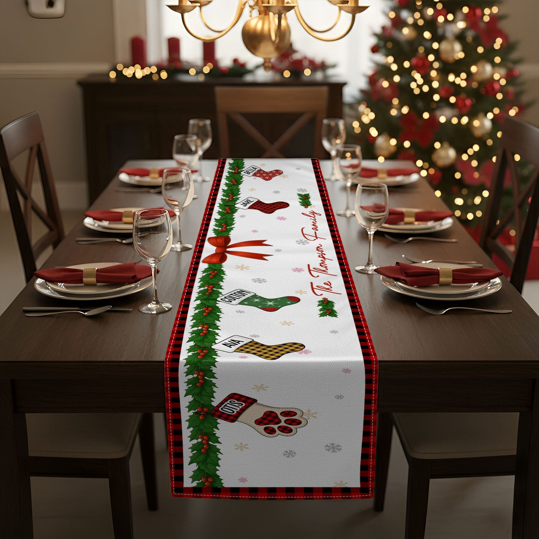 Christmas Together - Custom Family Name, Stocking Xmas Theme - Personalized Table Runner