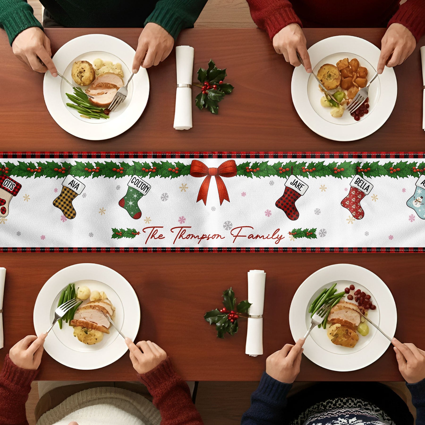 Christmas Together - Custom Family Name, Stocking Xmas Theme - Personalized Table Runner