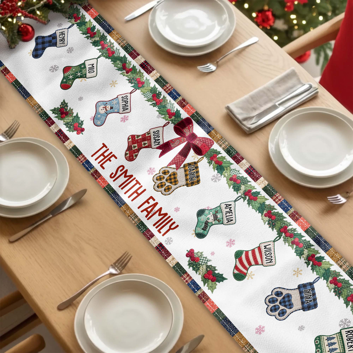 Christmas Together Patchwork Print Stocking - Personalized Table Runner