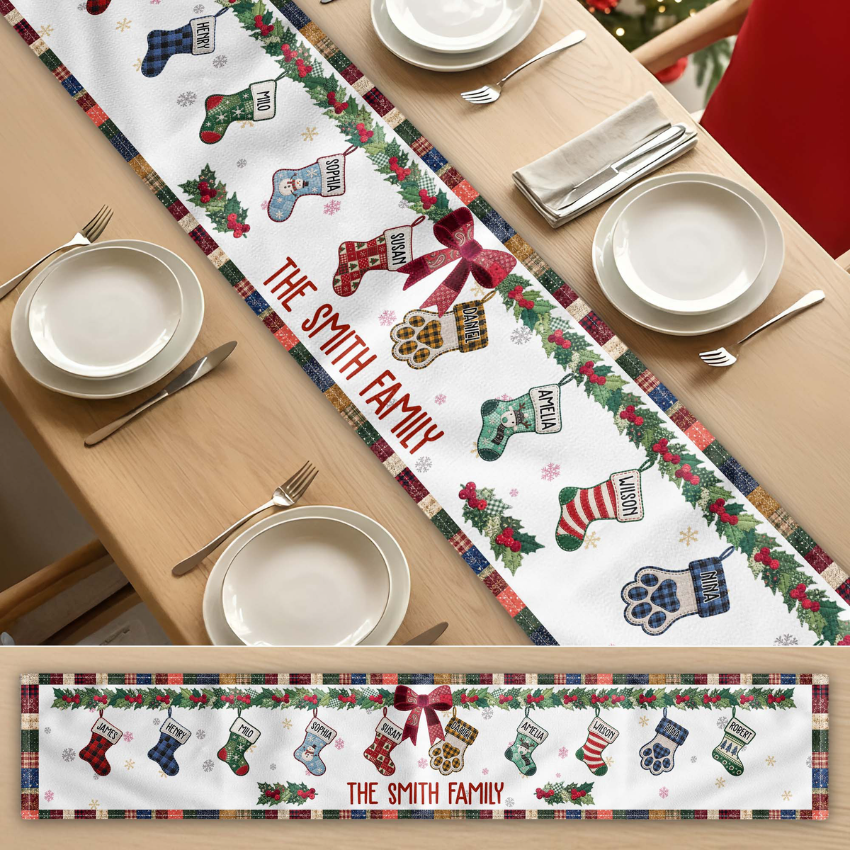 Christmas Together Patchwork Print Stocking - Personalized Table Runner