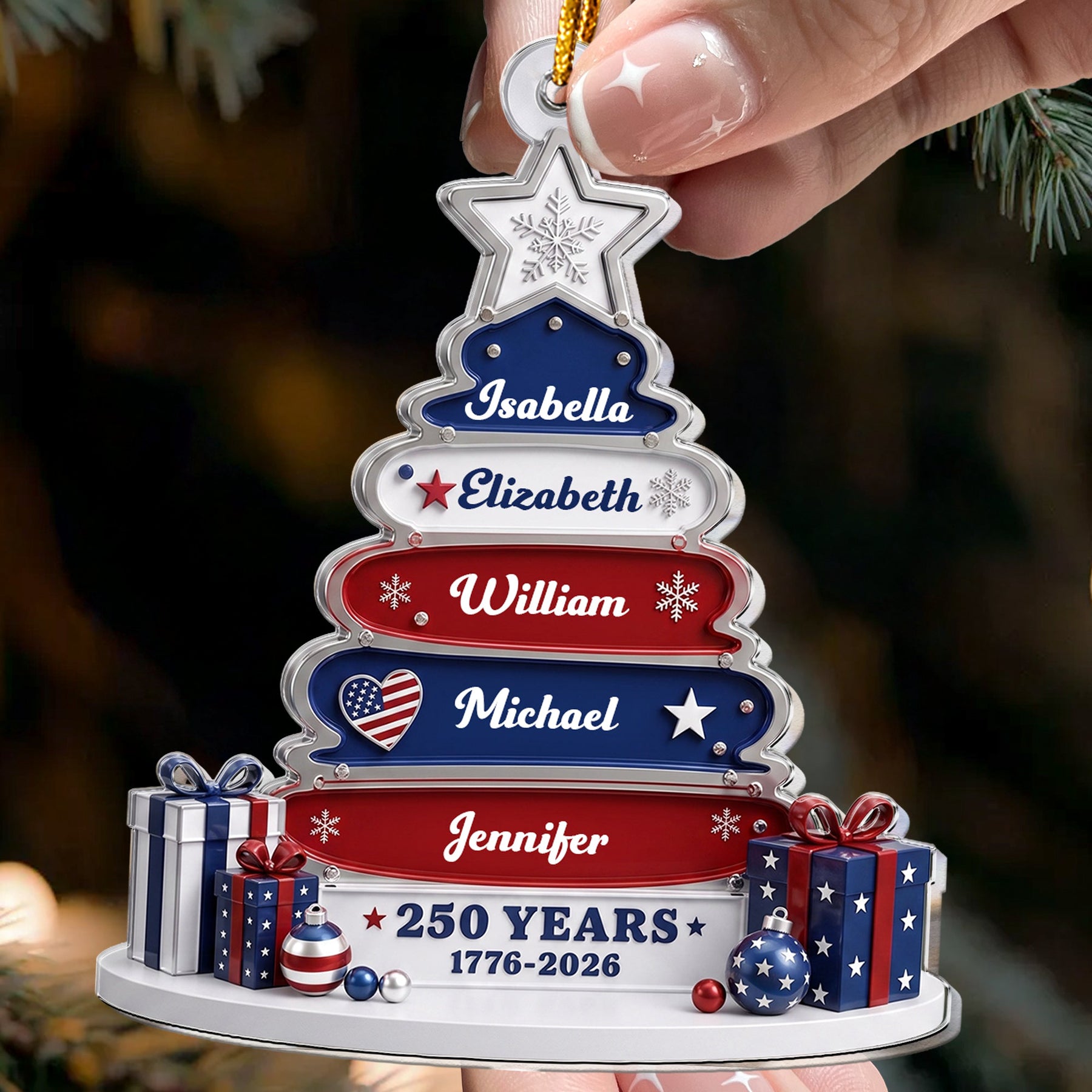 Christmas Tree Name America 250th Anniversary Christmas Gifts For Family, Siblings, Friends - Personalized Ornament