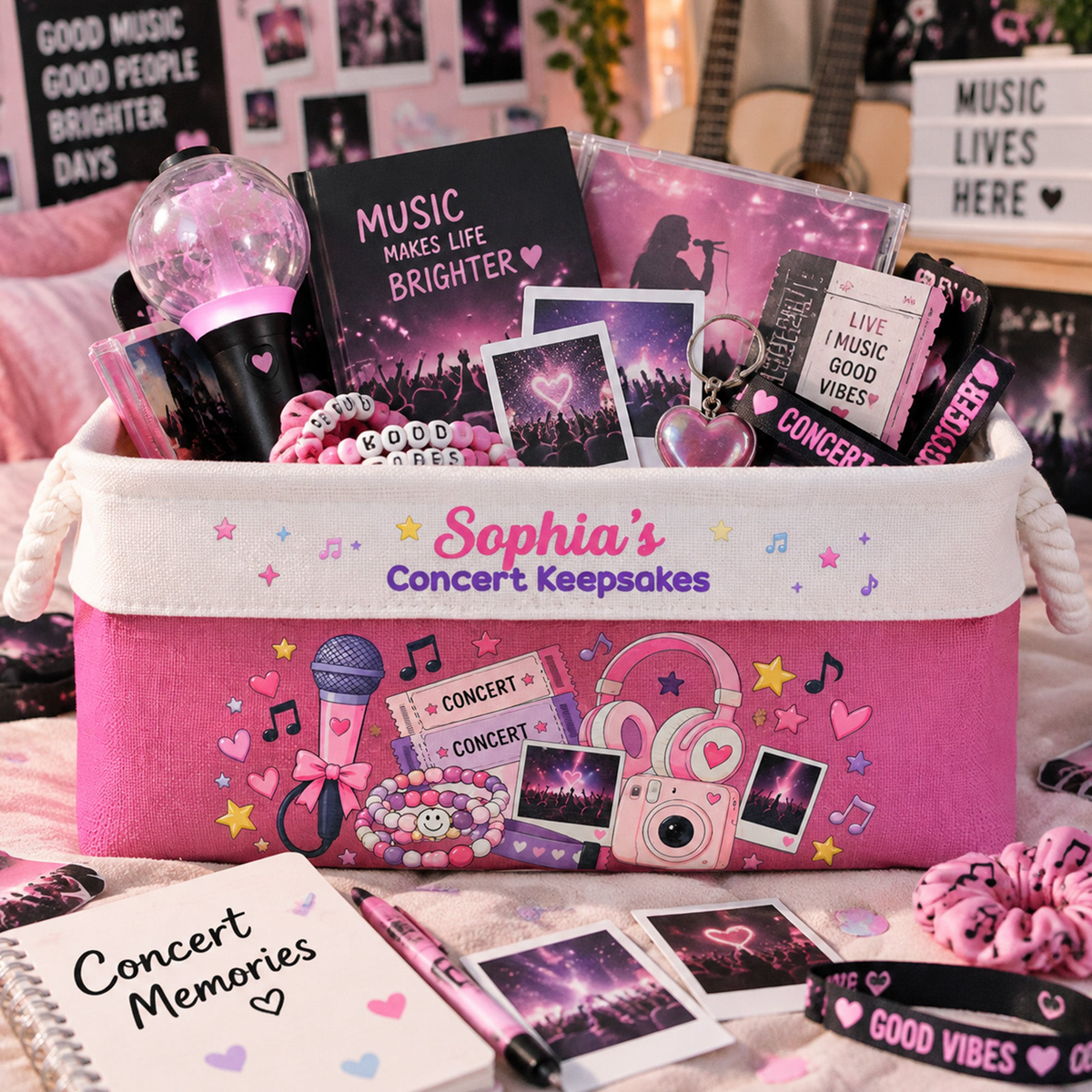 Concert Memories Basket For Daughter, Fan Girl, Music Lovers - Personalized Storage Basket