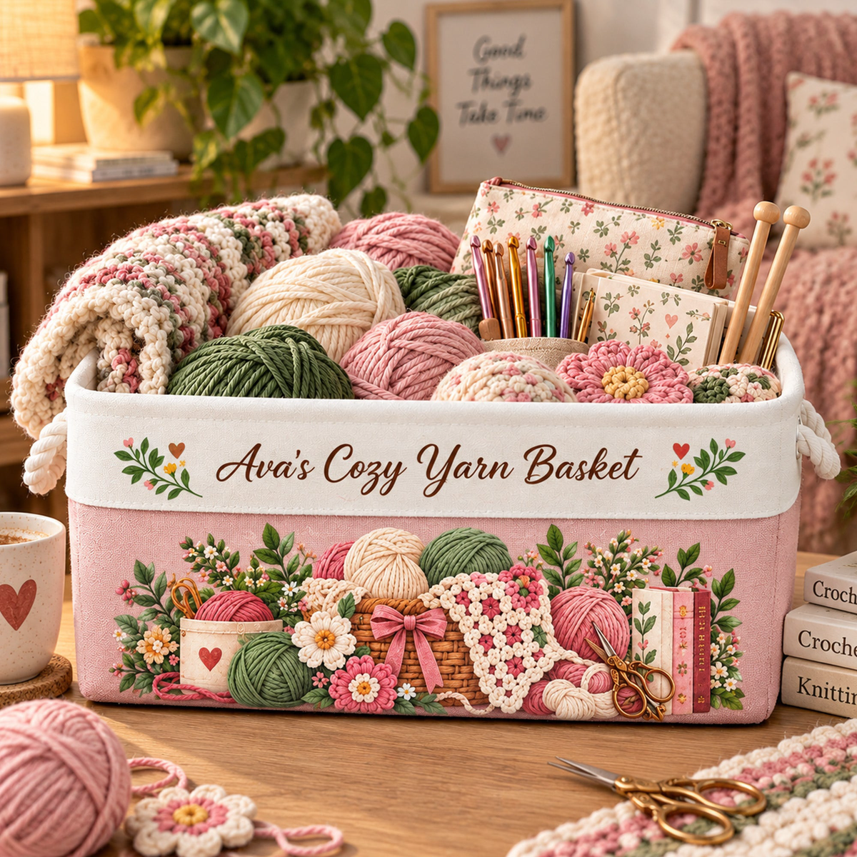 Crochet Lovers, Knitting Lovers Basket For Her, Mom, Grandma, Daughter - Personalized Storage Basket