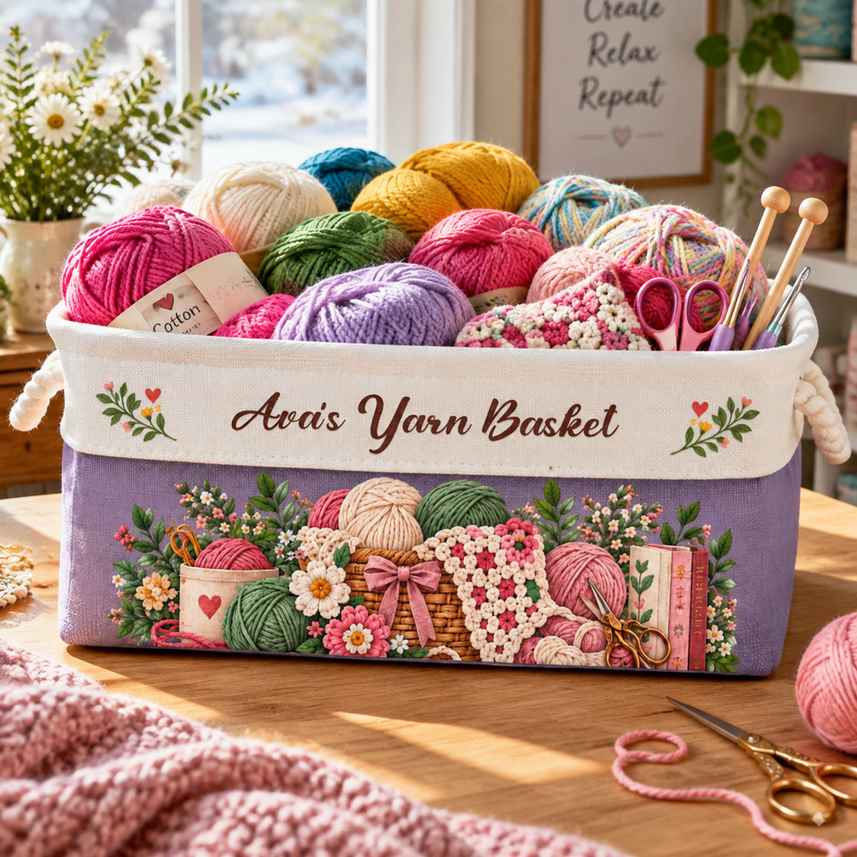 Crochet Lovers, Knitting Lovers Basket For Her, Mom, Grandma, Daughter - Personalized Storage Basket