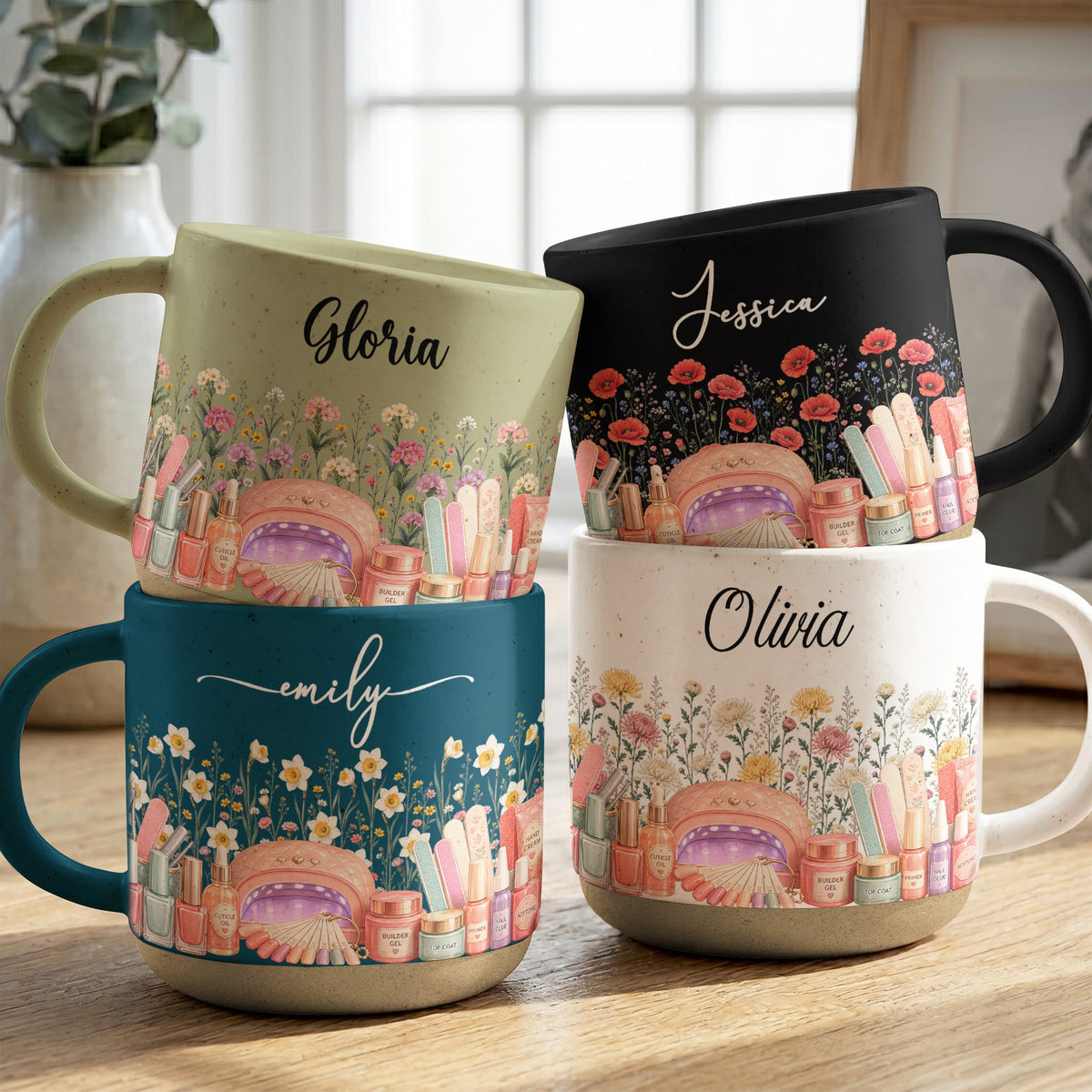 Custom Birth Flower & Name Pottery Mug - Gift For Nail Tech - Personalized Mug