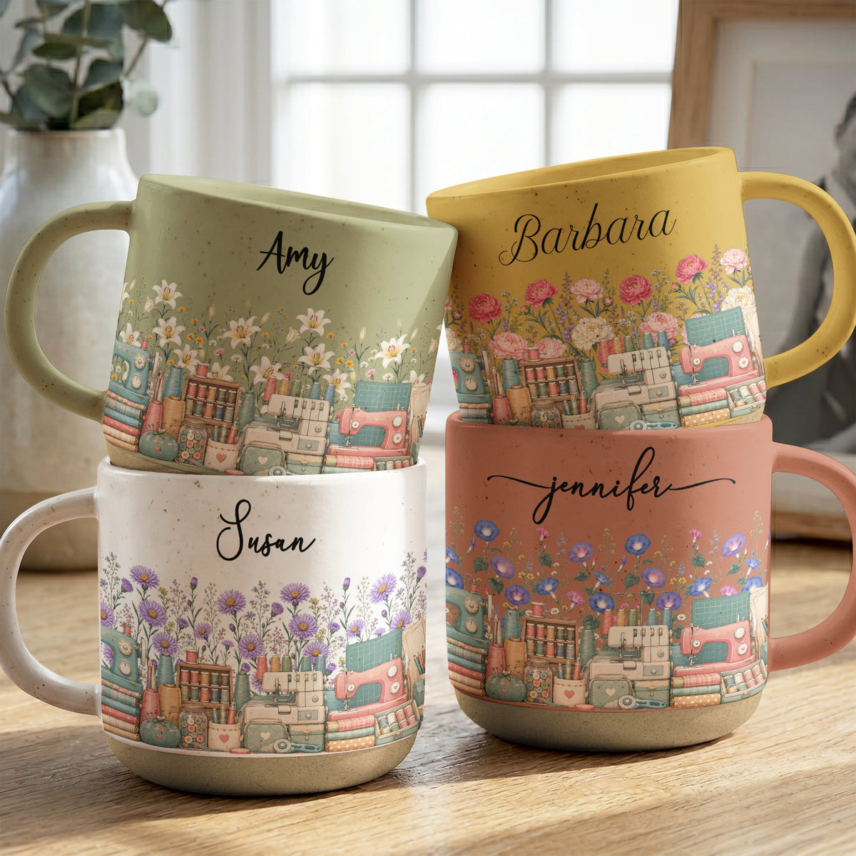 Custom Birth Flower & Name Pottery Mug - Gift For Sewist - Personalized Mug