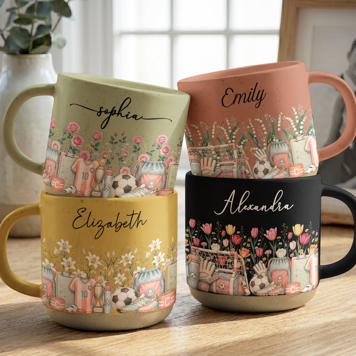 Custom Birth Flower & Name Pottery Mug - Gift For Soccer Lovers Soccer Fans - Personalized Mug