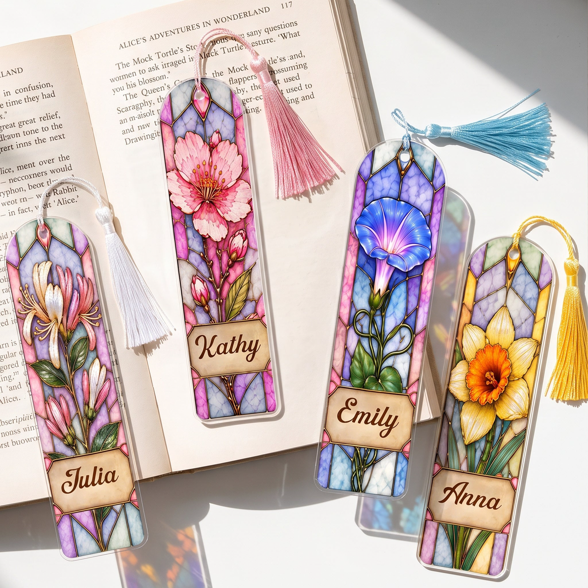 Custom Birth Flower & Name Stained Glass Printed Style - Custom Bookmark