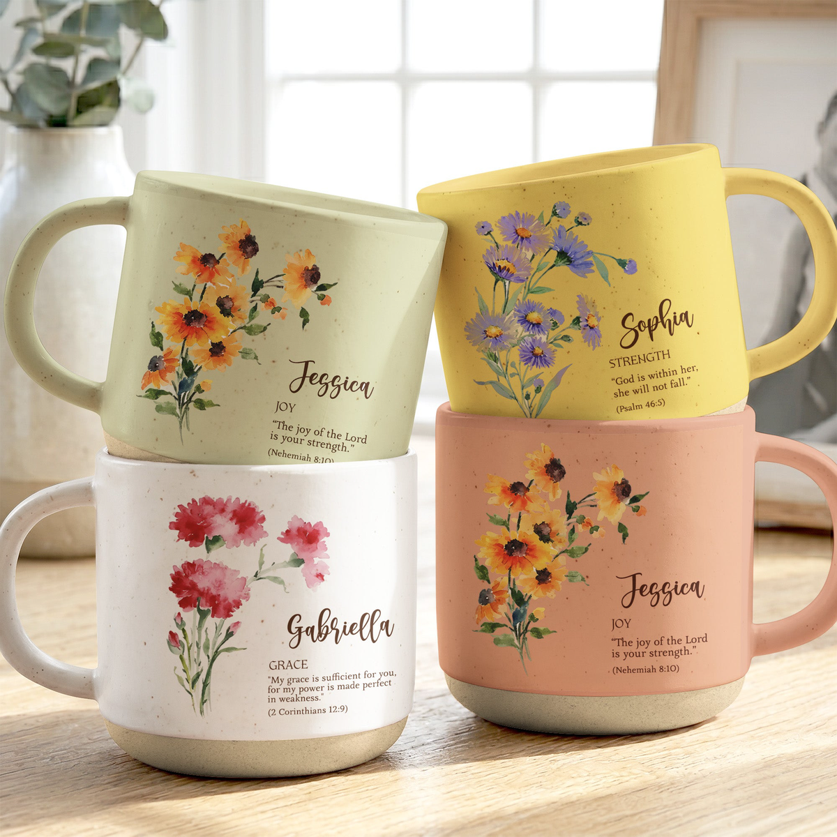 Custom Birth Flower Initial With Bible Verse - Personalized Mug