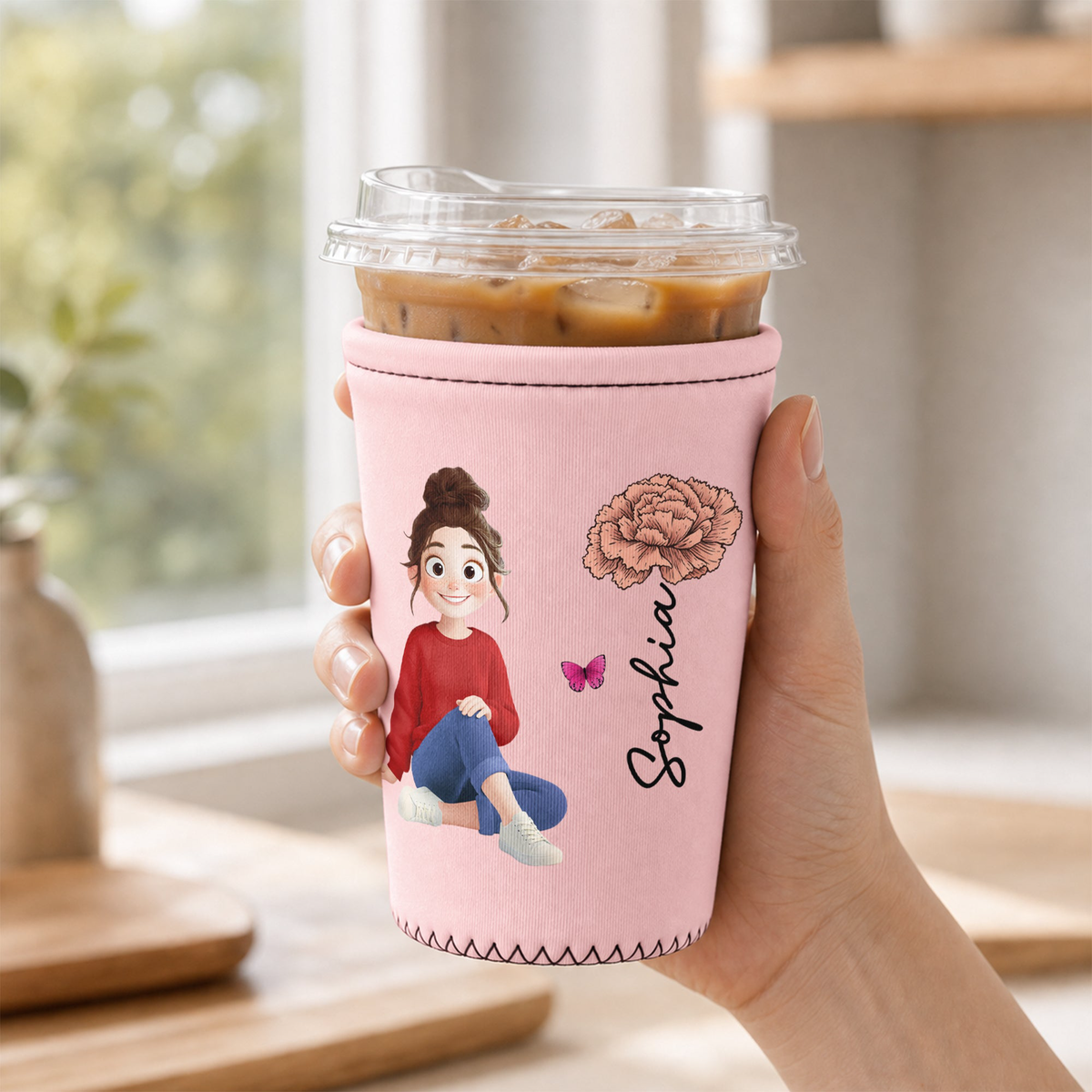 Custom Birth Flower, Name & Cute Character For Her, Daughter, Mom, Friends - Personalized Iced Coffee Sleeve