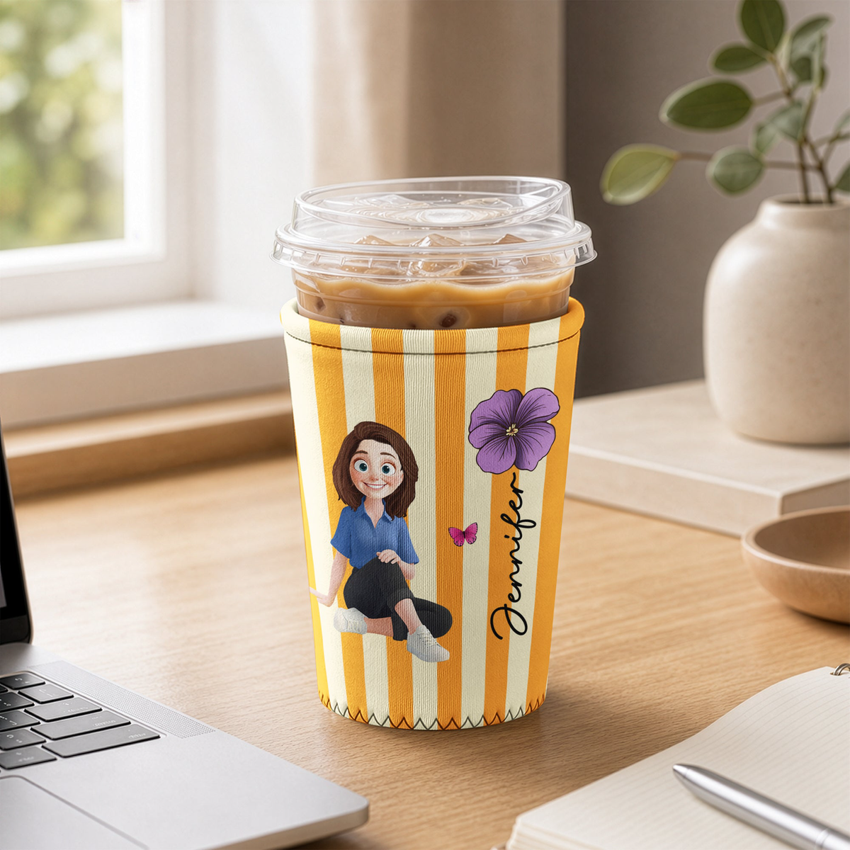 Custom Birth Flower, Name & Cute Character For Her, Daughter, Mom, Friends - Personalized Iced Coffee Sleeve