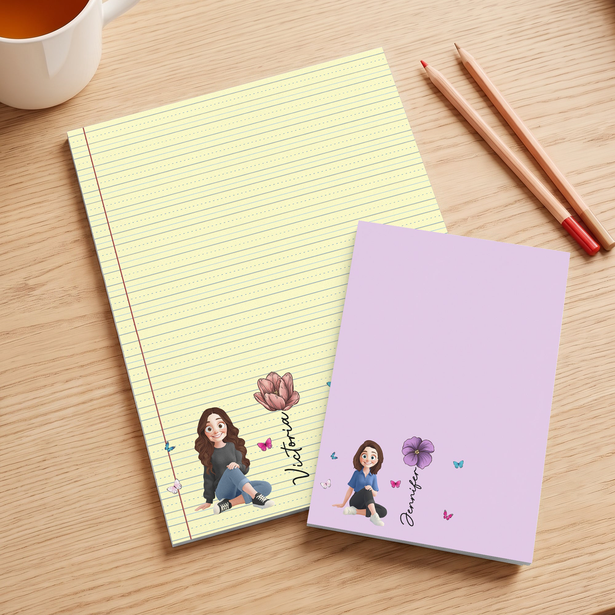 Custom Birth Flower, Name & Cute Character For Her, Daughter, Mom, Friends - Personalized Notepad
